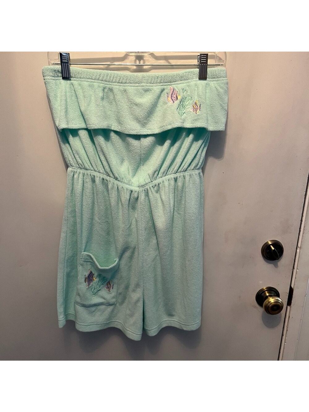 Vintage mint green Terry Cloth Strapless Romper, Size Medium